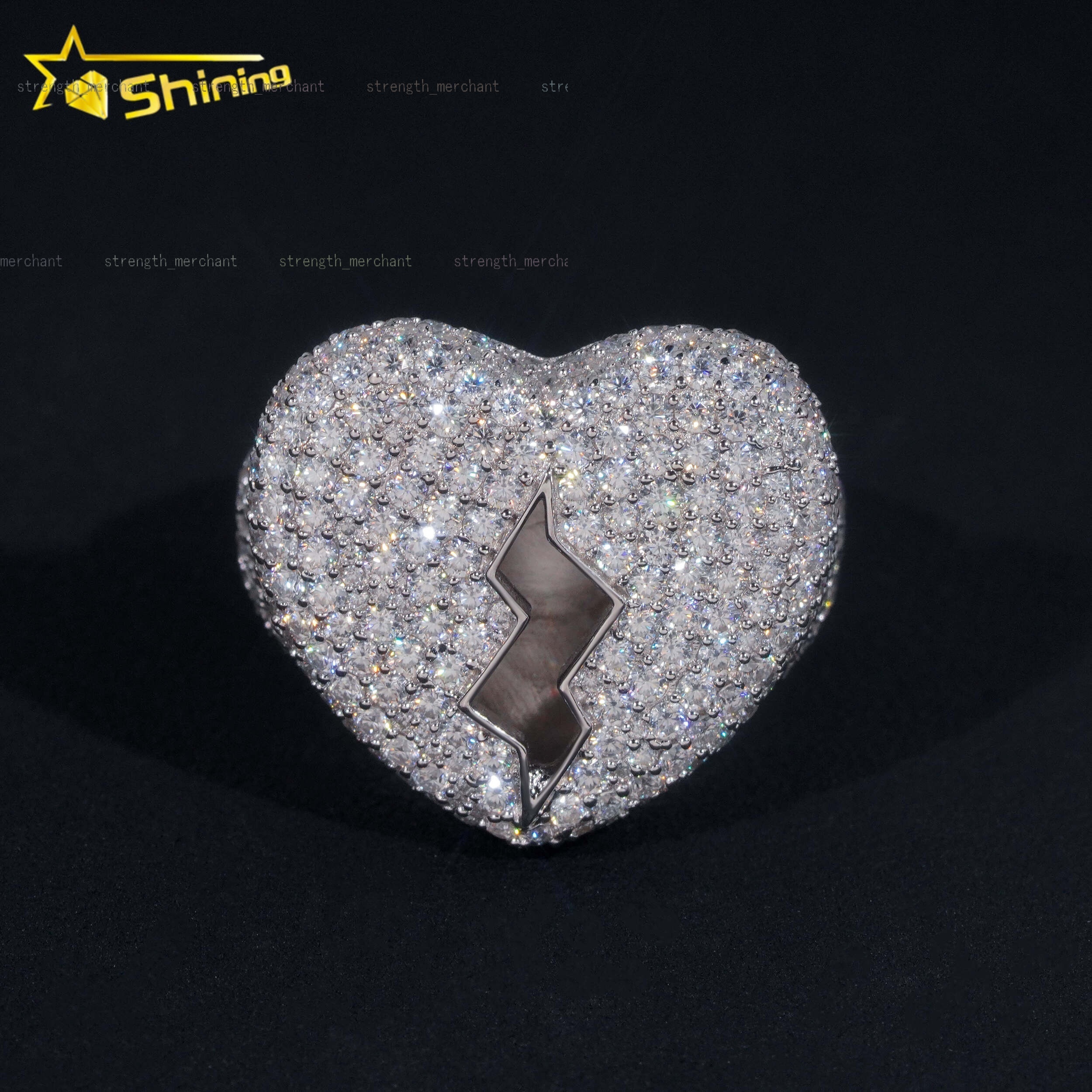 Factory Price GRA Certificate 925 Sterling Silver Gold Plated Fine Jewelry Iced Out Diamond Moissanite Broken Heart Hip Hop Ring