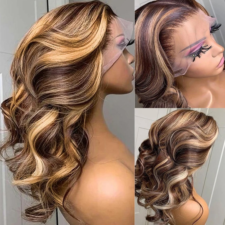 Highlight Body Wave Bob Wig Human Hair Lace Front Human Hair Wigs For Women Honey Blonde 13X4 Transparent Lace Frontal Wig Synthetic