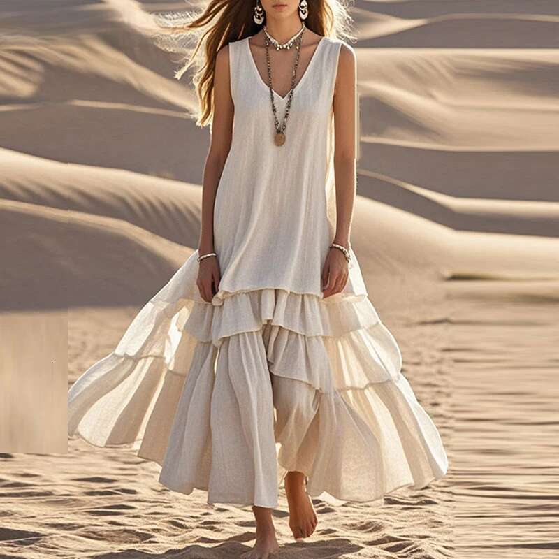 Retro Solid Cotton Linen Pleated Long Woman Spring Fashion V Neck Loose Maxi Summer Sleeveless Tank Boho Beach Dress