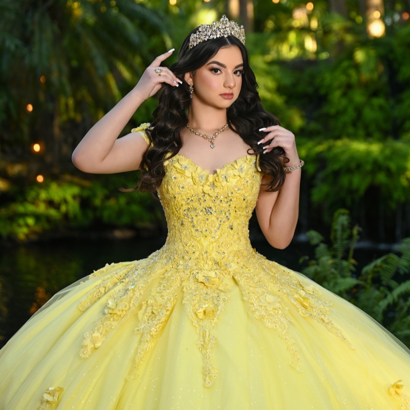 Yellow Shiny Quinceanera Dresses Ball Gown Off The Shoulder Applique Flower Beads Tull Sweet 16 Dress Vestidos 15 De Anos