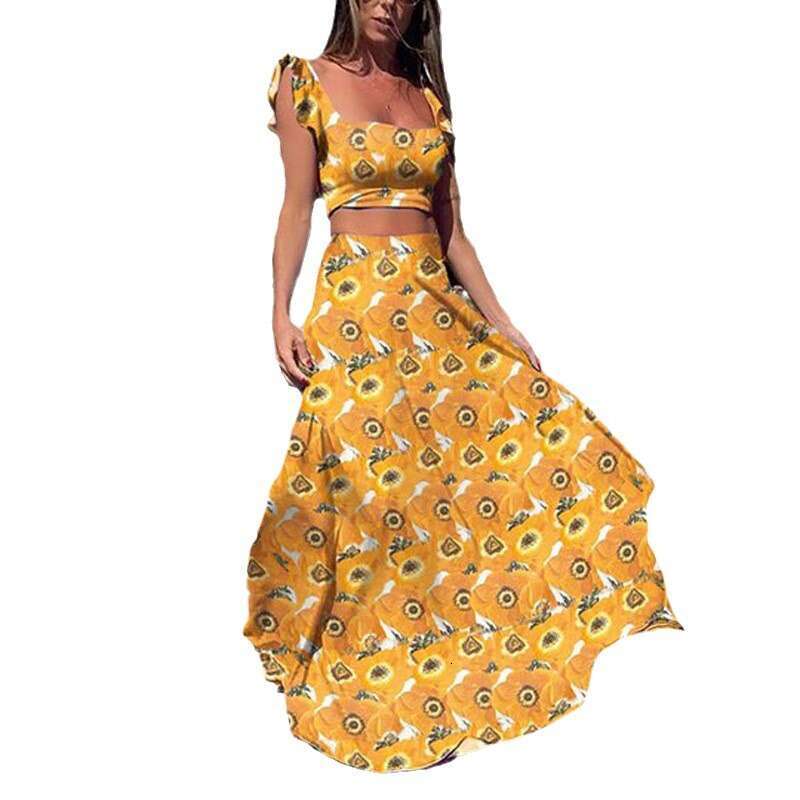 New Summer Women's Bohemian Maxi Sexy Printed Sleeveless Dress Two-Piece Set B5