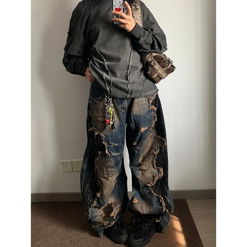 American Niche Heavy Industry Old Destructive Style Wash Jeans for Women Harajuku Fashion Retro Street Loose Casual Girl Jeans 250604