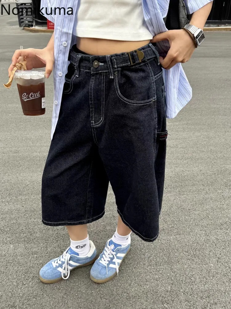 Bottoms Streetwear Casual Jeans High Waist Vintage Wide Leg Shorts Fashion Korean Summer Denim Trousers Womens Pants 250604