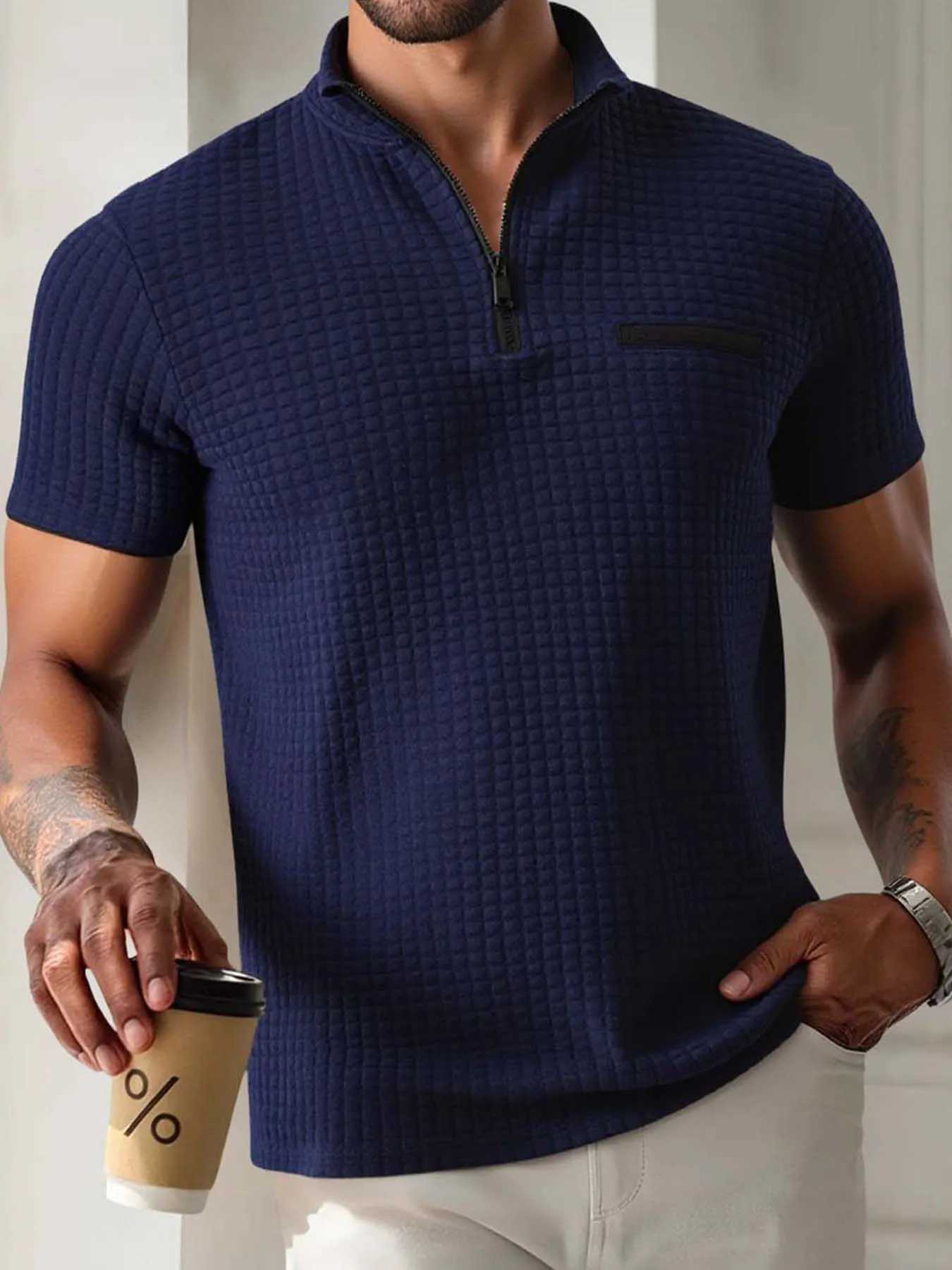 Mens sporty casual and simple POLO shirt with jacquard check pattern stand-up collar semi-zipper slim short-sleeved shirt XJ250605