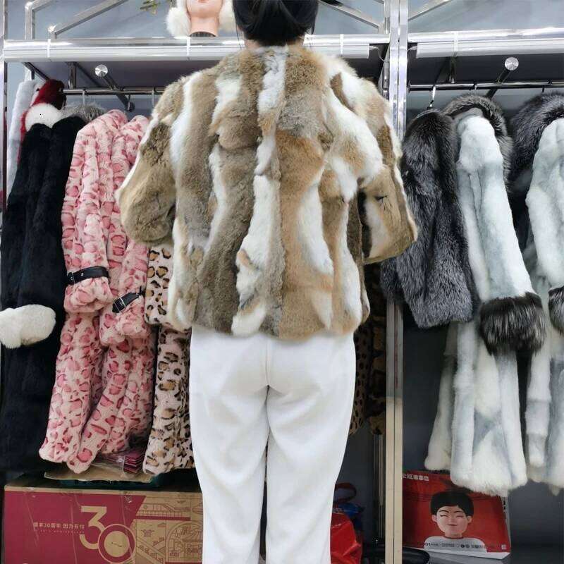 New Women Fashion Real Genuine Natural Rabbit Fur Coat lady warm V-neck jacket NZ126