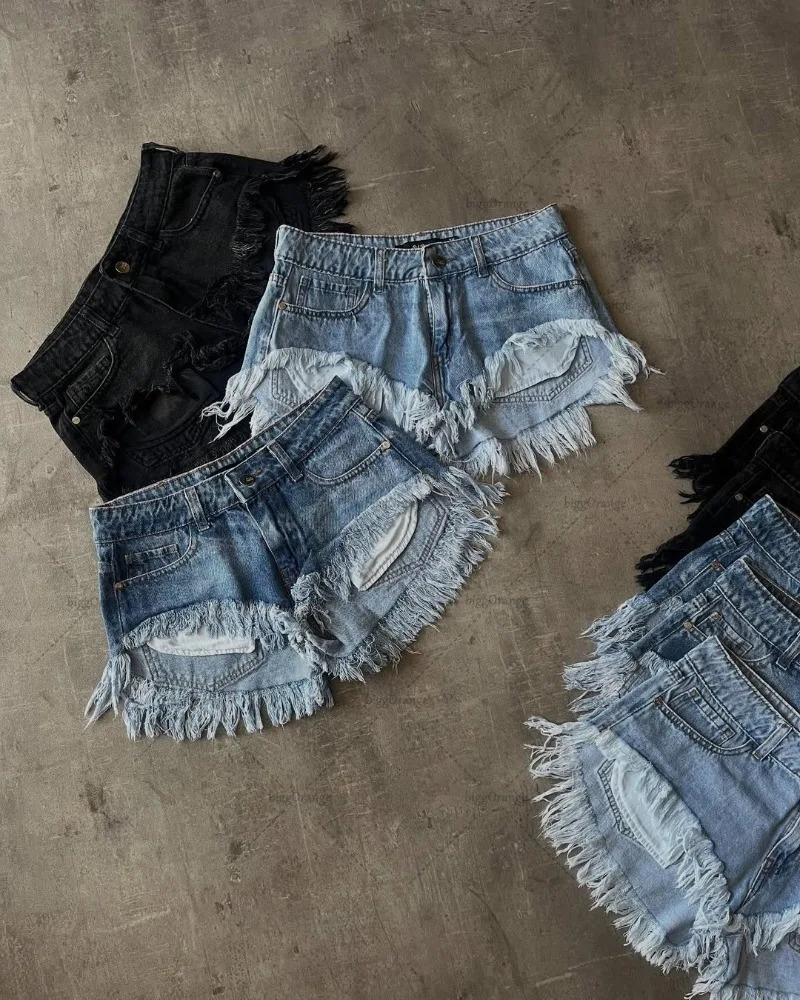 Sexy Solid Color Hair Jeans Shorts Women American Street Fashion Washing Pants Lowwaisted Girl Hip Shorts 250604