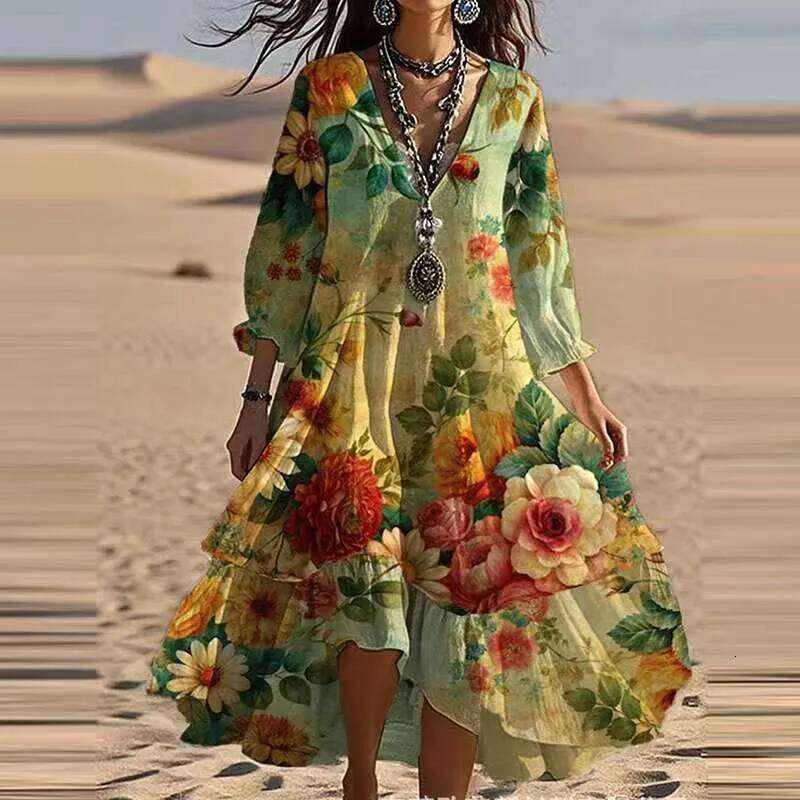 Summer Women V-Neck Floral Print Vintage Dresses Casual Loose Long Sleeve Irregular Lotus Leaf Edges Beach Dress Streetwear New