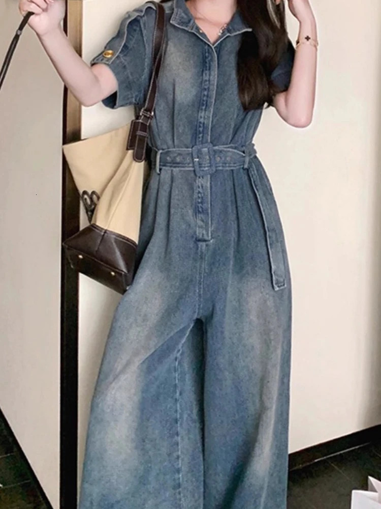 Women Vintage Street Wear Hip Hop Loose WideLeg One Piece Long Sets Jeans Romper in Summer Overalls Short Sleeve Jumpsuit 250604