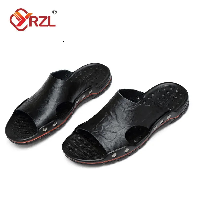 YRZL Sandals Mens Leather Classic Summer Men Slippers Soft Black Slippers PU Leather Slippers Lightweight EVA Slides for Men 250605