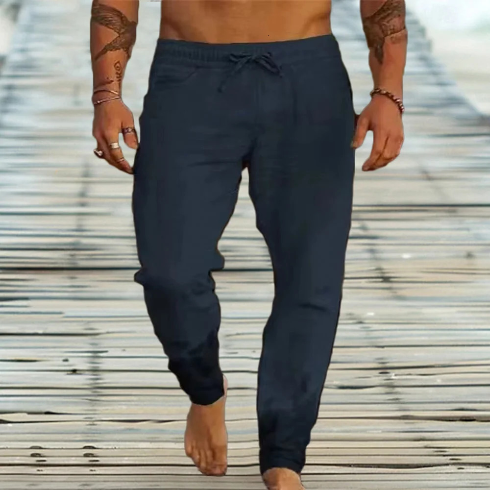 Mens Cotton Linen Casual Sweatpants Beach Pants Joggers Solid Drawstring Elastic Waist Male Vacation Loose Straight 250605Z