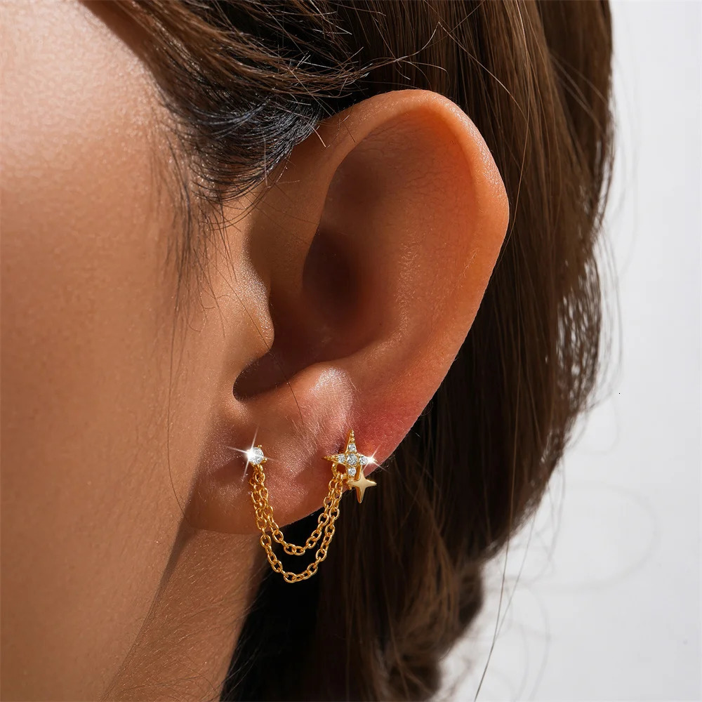 CANNER 1Pc Zirconia Tassel Stud Earrings Sterling Silver Double-Layered Chain Pendant Piercing Earrings Fine Jewelry 250604