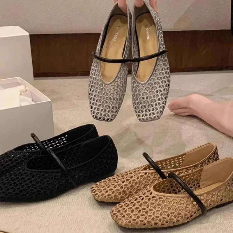 Square Toe Mesh Women Ballet Shoes Flats Sandals Summer 2025 Casual Loafers Mary Janes Shoes Zapatillas Sandalias 250603