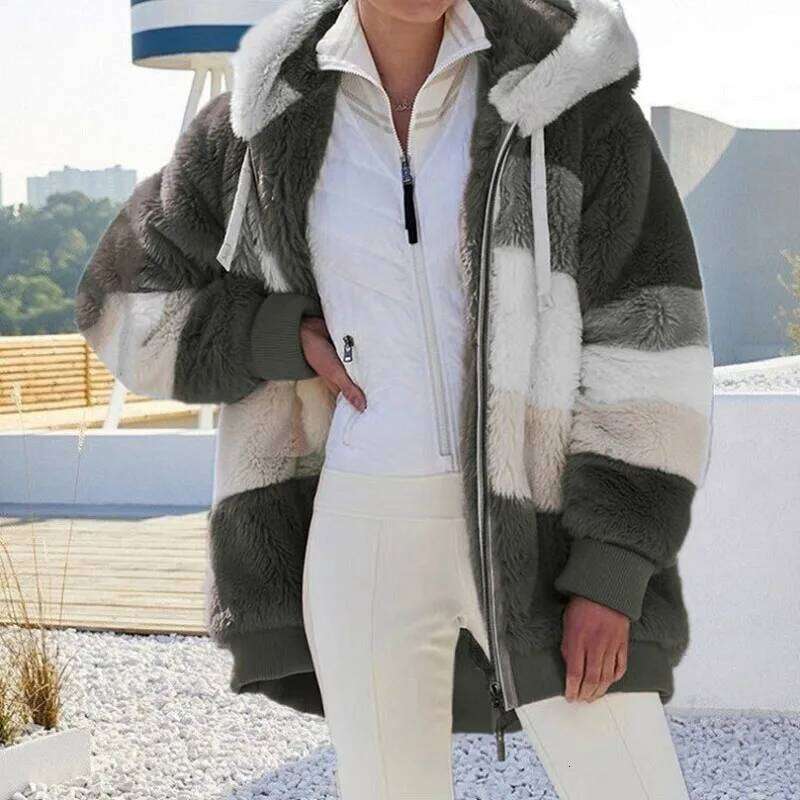2024 Autumn Winter Warm Plush Patchwork Zipper Pocket Hooded Loose Coat Women