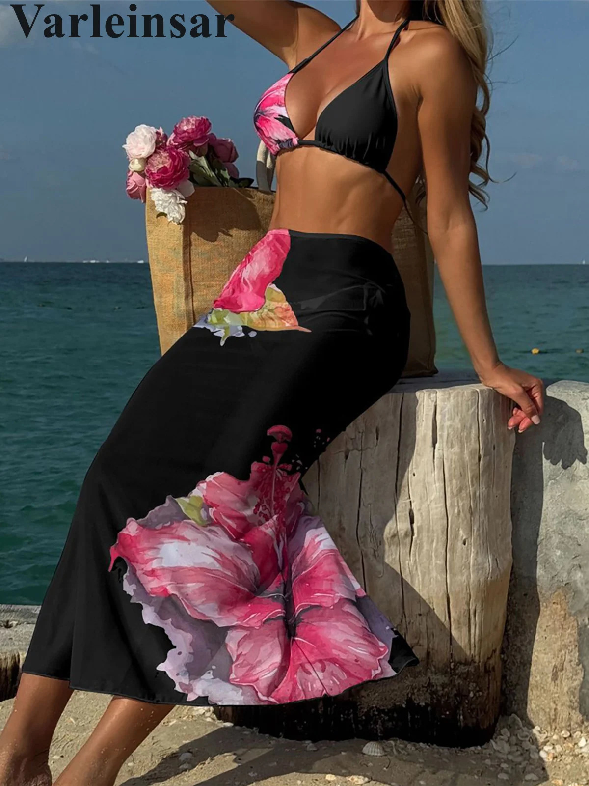 Flowers Printed With Skirt Halter Bikini Female Swimsuit Women Swimwear Threepiece set Bather Bathing Suit Swim V6637B 250604