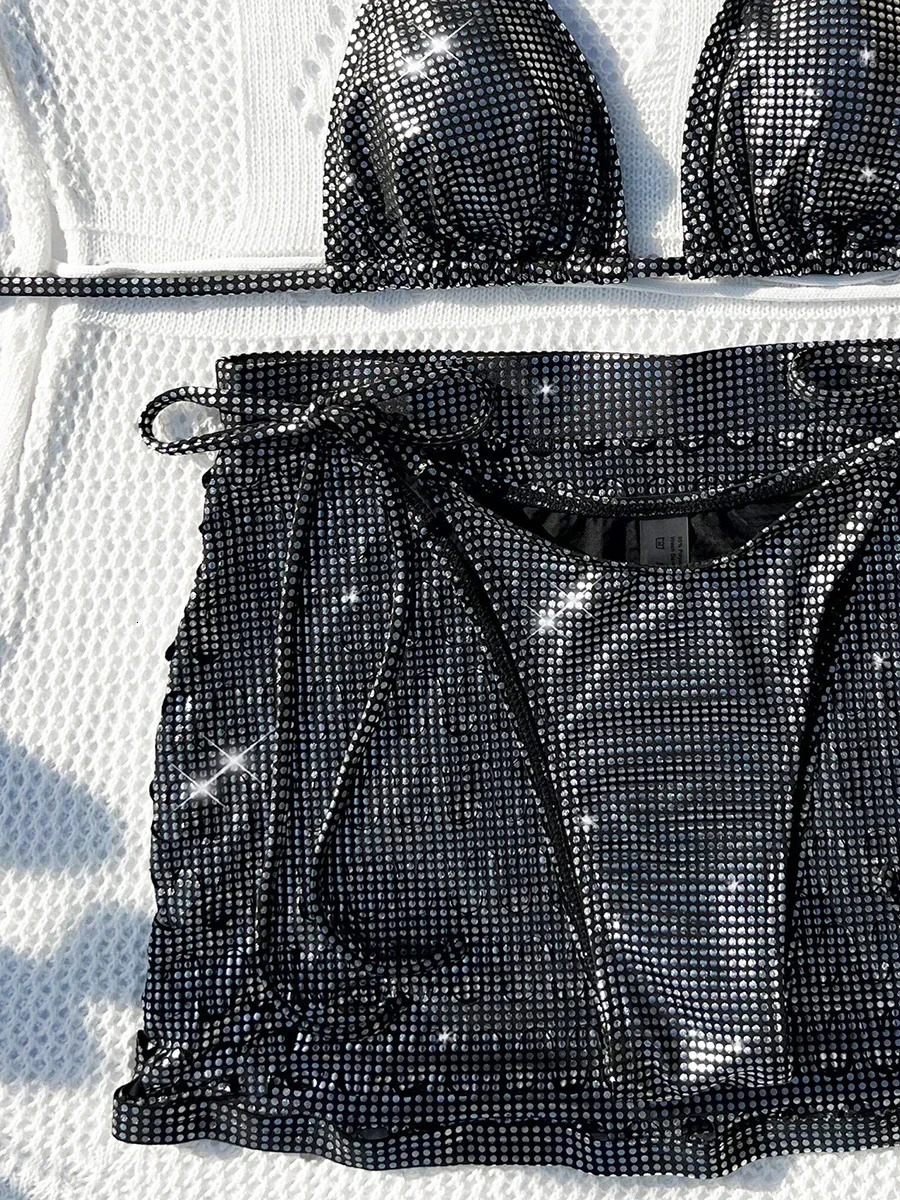 with Sarong Skirt Shiny Sequins Halter Bikini Women Swimwear Female Swimsuit Threepieces Set Bathing Suit Swim Beachwear 250604