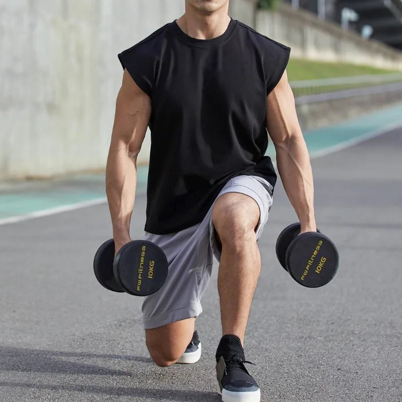 Cotton Sprort T-shirt Bodybuilding Slim Shirts Sleeveless Tank Tops Gym Workout Shirt Men Sportwear Loose Summer T Shirt Men 250529
