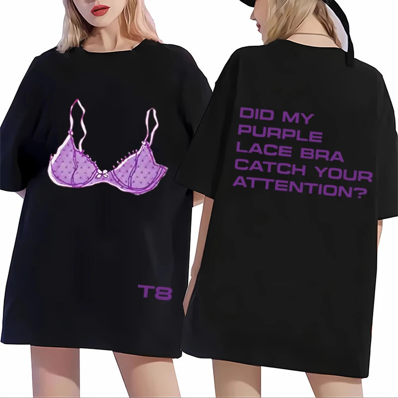 Tate McRae Purple Lace Bra So Close To What print T Shirt women Fashion Cotton Summer Unisex plus size tops t-shirts 250605