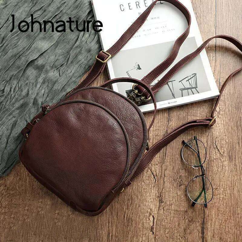 Johnature Handmade Vintage Genuine Leather Bagpack Women Backpack 2025 New Leisure Soft Cowhide Solid Color Travel Bag 2025/06/05