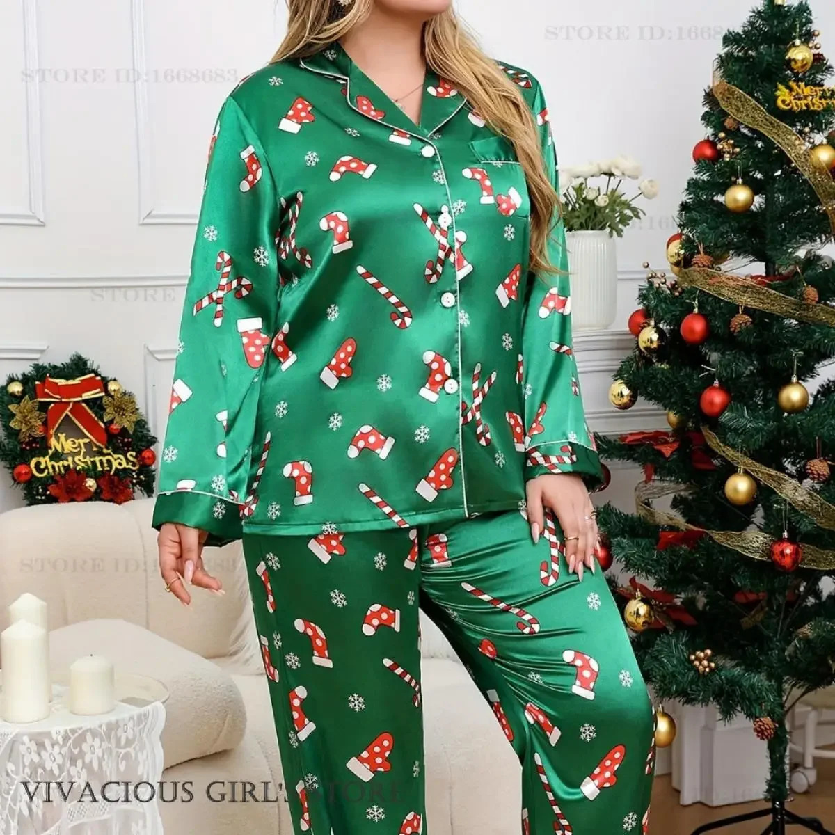 Large Size Female 2PCS Pajamas Set Sleepwear Christmas Long Sleeve Trouser Pyjama Pour Femme Loose Satin Home Clothes Loungewear 250529