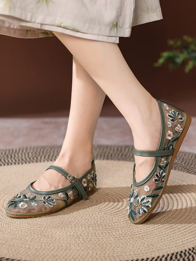 Floral Embroider Mesh Mary Janes Shoes Women Trasparent Elegant Flats Shoes Ladies Casual Summer Breathable Loafers Footwear 250603