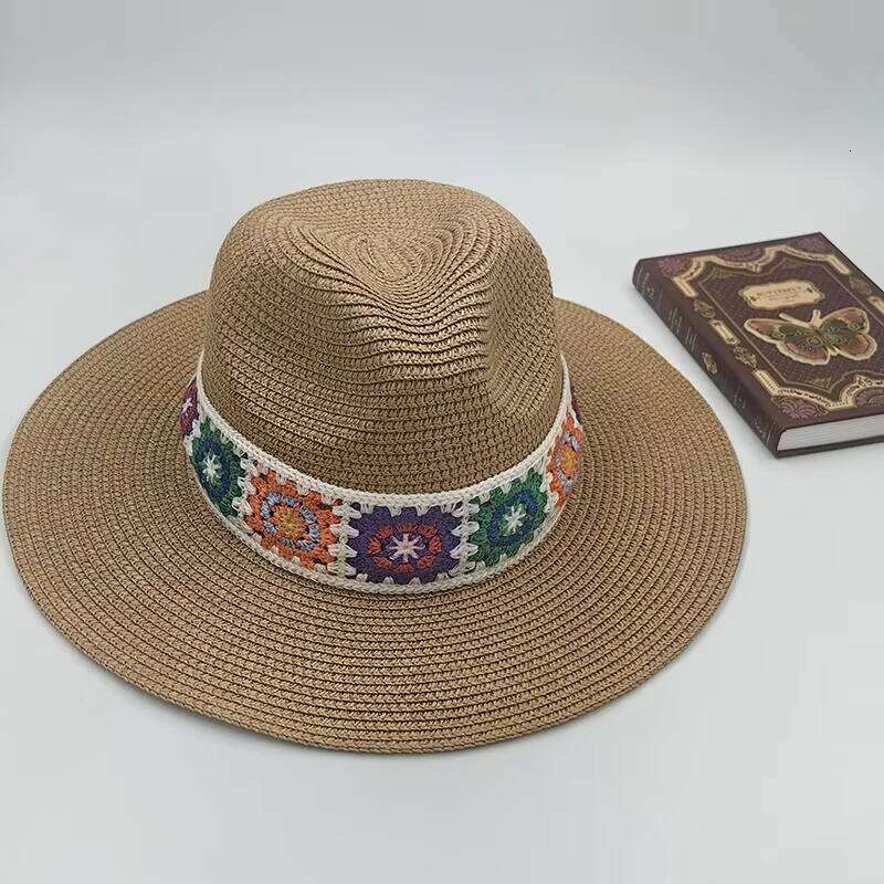 Large Boho Style Fedora Sun Proof Ethic Flat Brim Straw Hat for Daily Outdoor Fishing Travel Casual-for Cycling