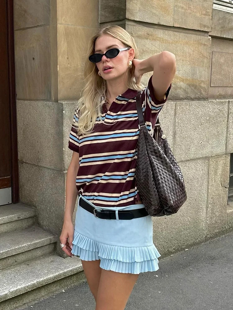 Foridol Burgundy Striped Casual Women Tshirt Summer Loose Polo Shirts Buttons Female Tops Blouse White Spring Shirt 250604