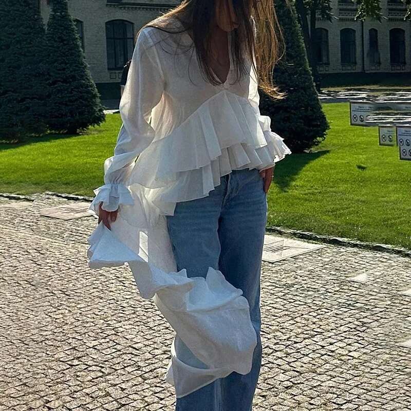For Women Ruffles V-Neck Sleeve Chic Casual Shirts Spring Summer 2025 New Comfortable Female Fashion Long Blouses
