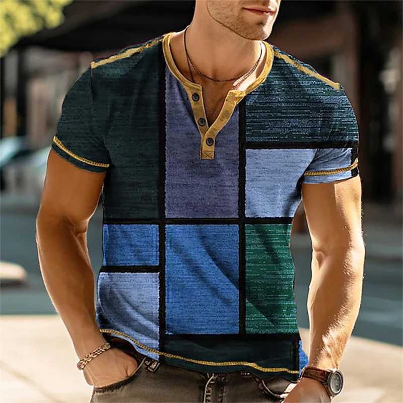Henley Vintage 3D color block printed mens shirt retro short sleeved mens T-shirt oversized fashionable button top summer casualXJ250605