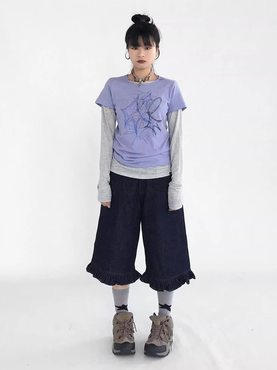 REDDACHiC Dark Blue Ruffled Denim Shorts Women Solid Casual High Waist Knee Long Frilly Baggy Jorts Y2k Retro Summer Streetwear 250604