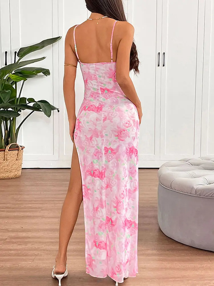 Summer Womens Dresses Pink Sexy Mesh Print Backless Sling Dress Streetwear Fashion Lady Casual Slim Split Clothing 250604