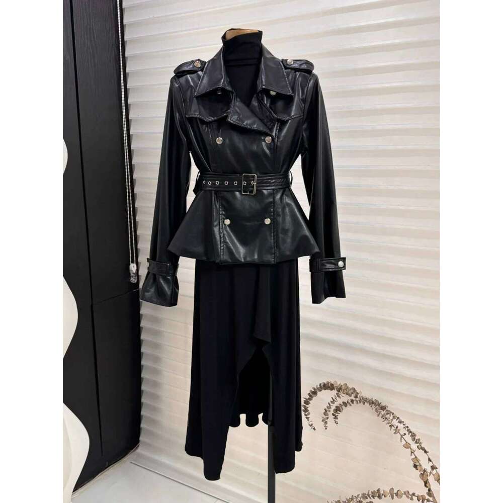 Autumn New Lapel High Waist Cool Girl Short Leather Women's Slim Fit Double Breasted Long Sleeve Motorcycle Jacket
