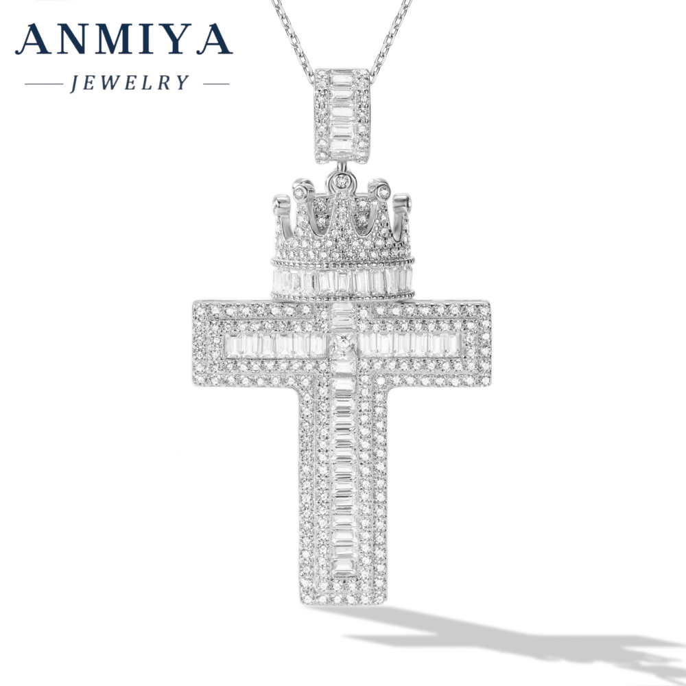 Luxury 925 Silver Jewelry Cross Pendant Necklace with Crown Design and Zircon Inlay for Special Occasion