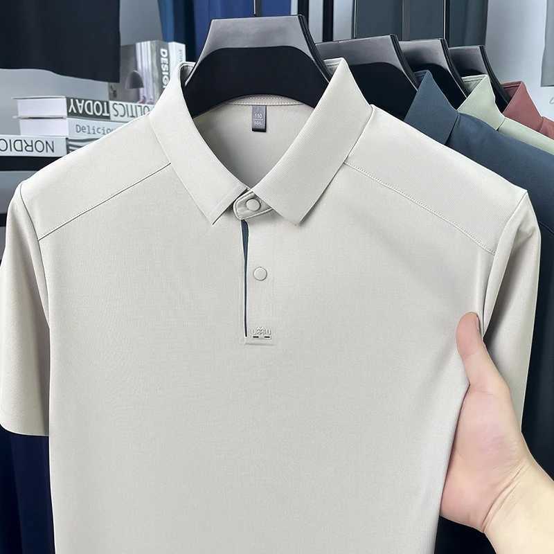 Luxury Summer Mens Non-mark Lapel Polo Shirt Business Casual Short Sleeve Cold Comfortable Solid Color Short Sleeve T-shirt TopXJ250605