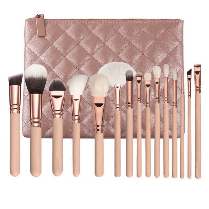 New Cangzhou15Pink Plaid Pattern Makeup Brush Set with Rose Gold Wooden Handle Makeup ToolsW250605
