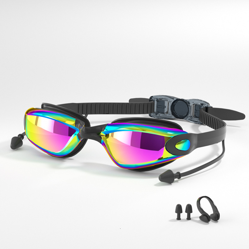 Adult Model Unisex HD Waterproof Anti-Fog Electroplated Swimming Goggles Swim Cap Nose Clip Earplugs Set