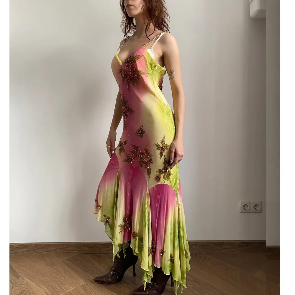 VEITCHE Summer Arrival Women Sexy Printed Ruffled Irregular Long Dress Off Shoulder V Neck Sleeveless Female Dresses 250604