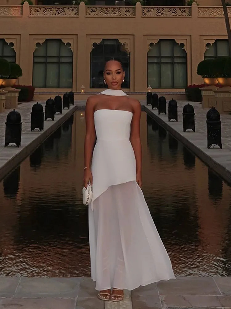 Elegant White Gauze Off Shoulder Long Dress Women Fashion Sleeveless Backless Aline Dresses Lady Vocation Beach Robes 250604