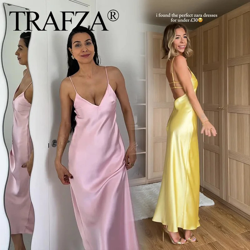 TRAFZA Summer Women VNeck Long Dress Elegant Slim Stain Pink Solid Strapless Backless For Evening Party 250604