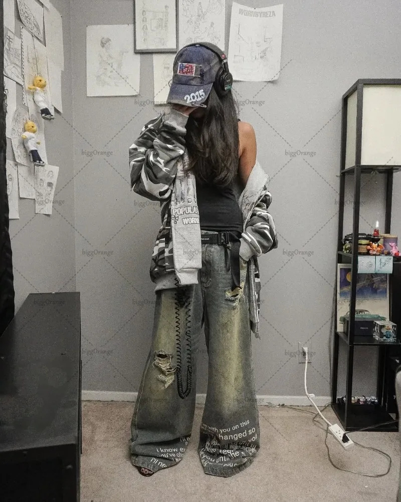 Gothic Hip Hop Streetwear Trousers Men Punk Harajuku Baggy Y2K Jeans Women High Street Trend Retro Washed Straight Pants 250604