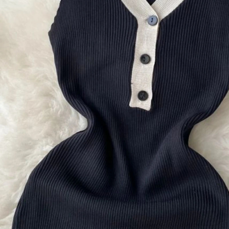 Patchwork Tank Summer Knit Elegant Dress Women Turn Down Collar Elastic Waist Bodycon Sundress Female Short Mini Dress 250604