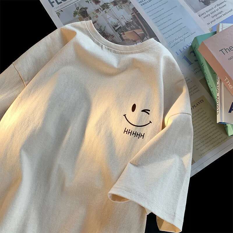 Men Women's Smiling Face Funny Fashion Couple Short Sleeved T-Shirt American Basic Simple Oversized Loose Boys' Pullover Top