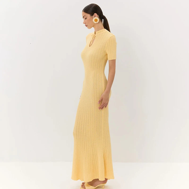Tornova Retro Knitted Long Dress Female Short Sleeve Slim Hollow Retro Elegant Sweater Dress 2025 Summer High Waist Woman Dress 250604