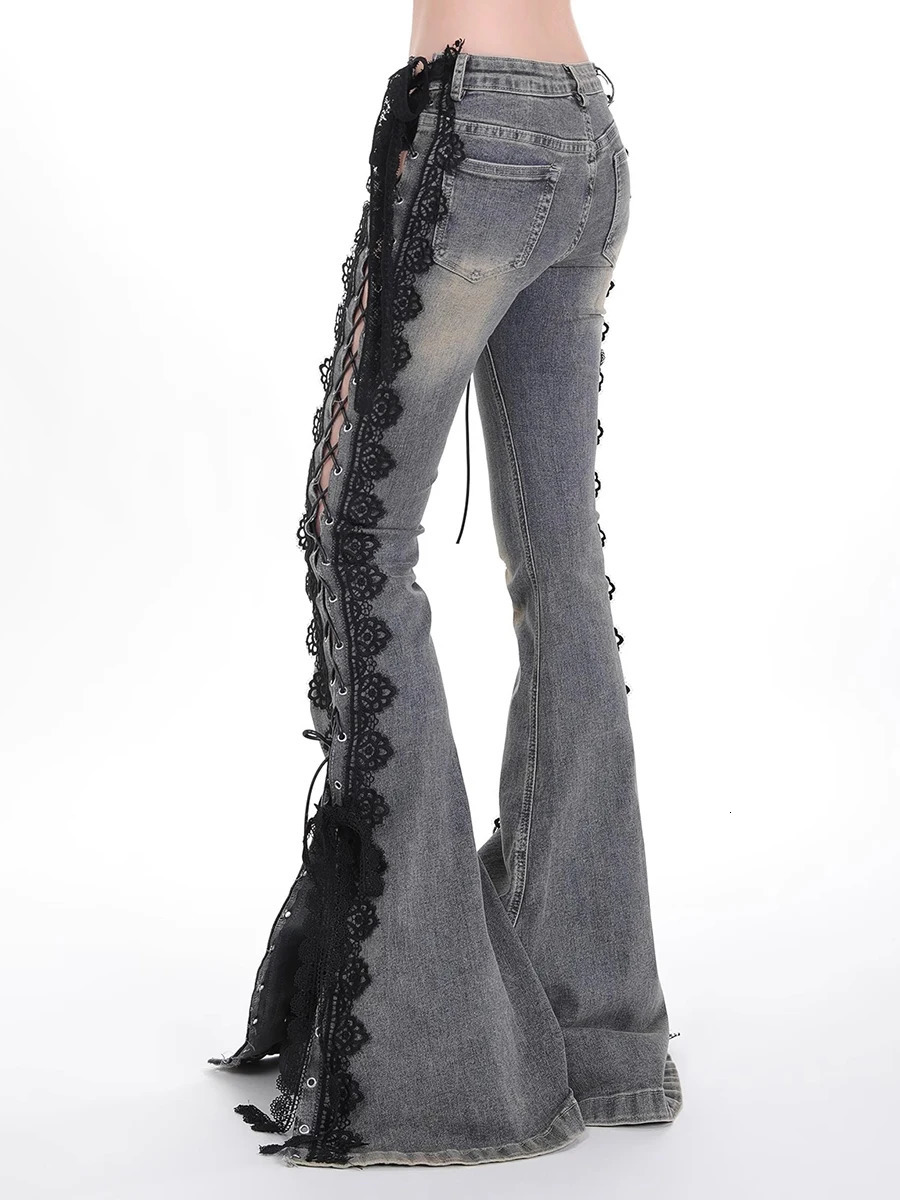 REDDACHiC Split Lace Up Flare Jeans with Liner Shorts Women ICON Street Do Old Stretchy Low Waisted Pants Retro Y2k Bell Bottoms 250604