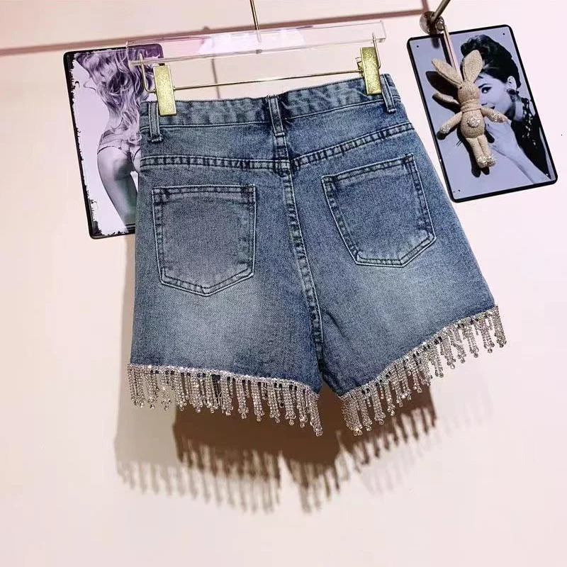 Sexy Women Rhinestones Fringed High Waist Drilling Denim Shorts Diamonds Tassels Jeans Pants Chic Crystal Short Trousers 250604