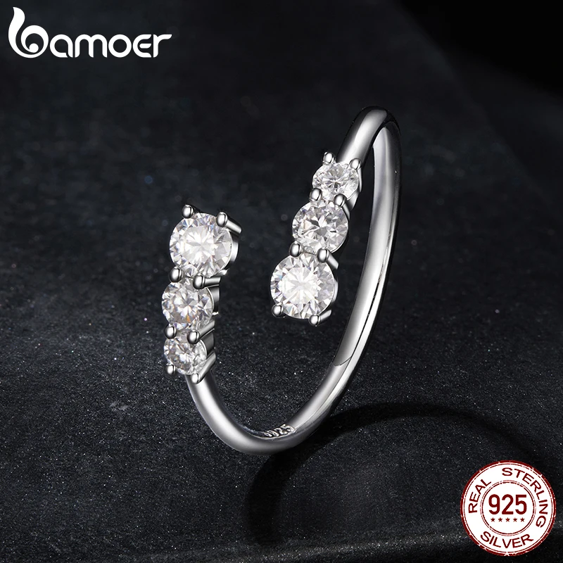 BAMOER Moissanite White Gold Plated Adjustable Ring 925 Sterling Silver Exquisite Open Ring for Women Engagement Jewelry Gift