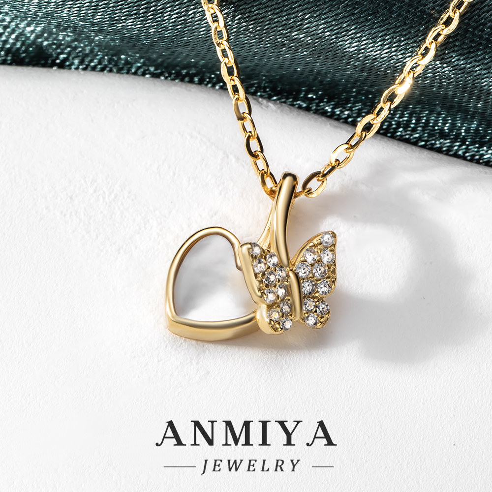 Gold Plated Silver Jewelry Dual Pendant Necklace: Heart and Butterfly with White Shell and Zircon, Luxury Necklace for Evening Events