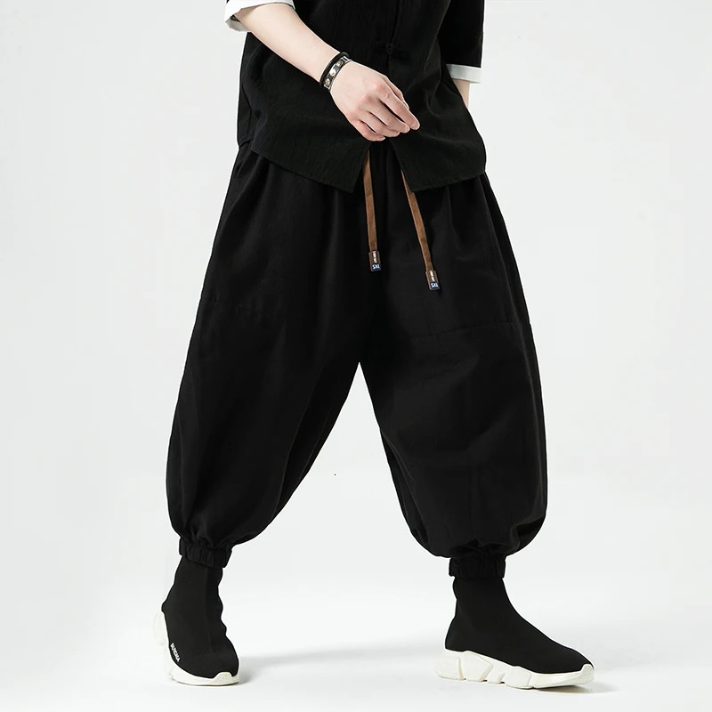 Summer Men Wide Leg Pants Men Dark Wind Solid Color Casual Pants Japanese Styles Harun Pants Men Cotton Linen Lantern Pants 250604