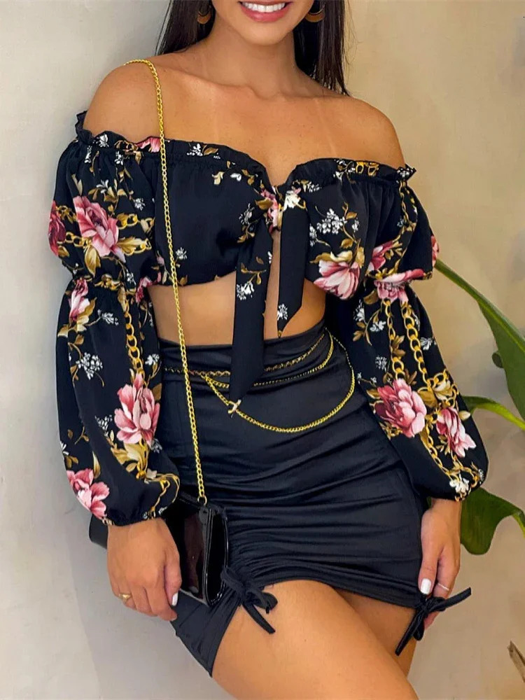 Summer Sexy Skirts Two Piece Set Women Chic Slash Collar Lantern Sleeves Crop Top Solid Pattern Shirring Bodycon Dress Sets 250605Z
