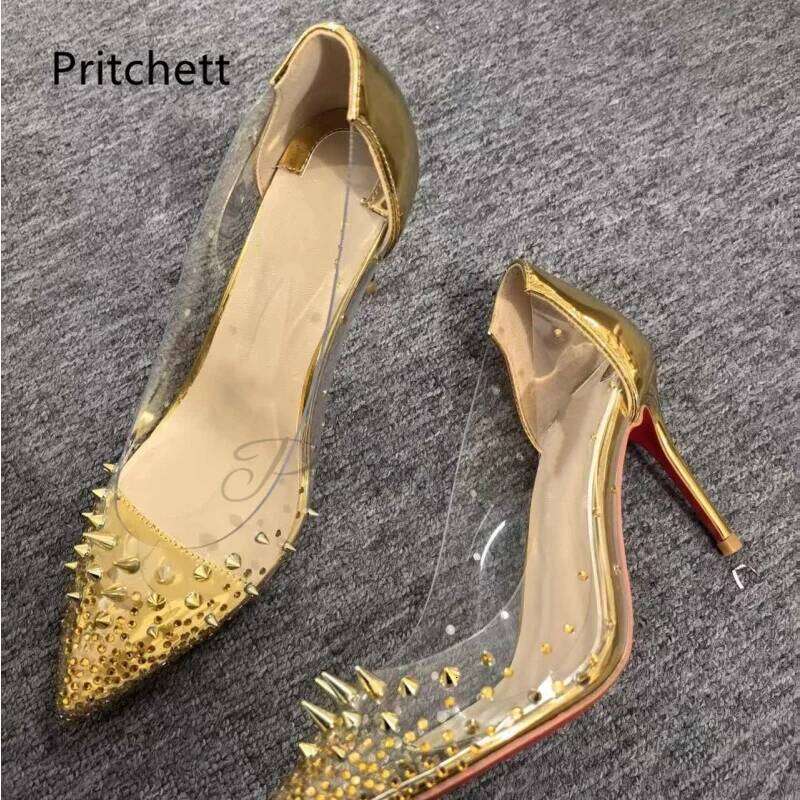 Gold Rivet Transparent Pvc High Heels Pumps for Women Crystal Rhinestone Pointed Toe Slip On Stryle Wedding Party Shoes