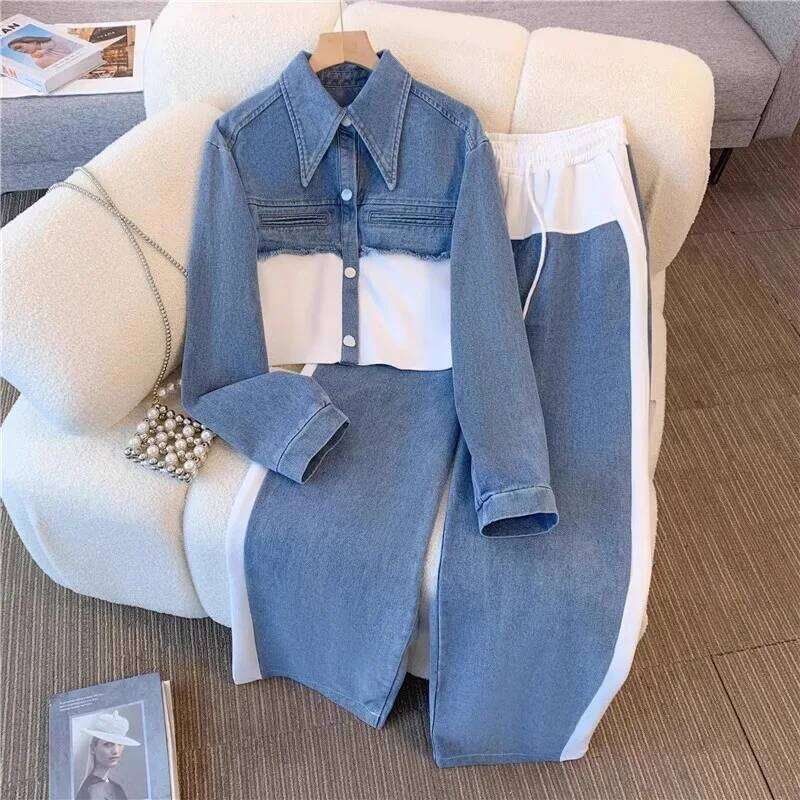 Two Piece Women Pant Set Denim Splice Matching Sets Spring Top Wide Leg Long Pants Casual Loose Lace Up High Waist Jogger